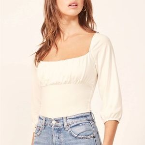 Reformation Mari Ivory White Ruched Bust Peasant 3/4 Sleeve Top XS